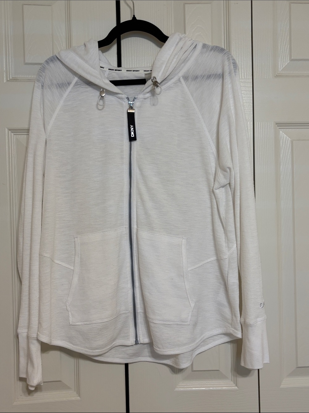 DKNY White Lightweight Zip Hoodie with Front Pockets - Size XL